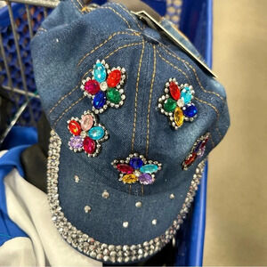 Olivia & Kate Fashion Rhinestone Crystal  Studded Dark Jean Baseball Cap